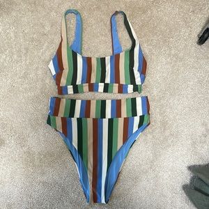 Aerie Striped Bikini with High Cut Bottoms and Scoopneck top